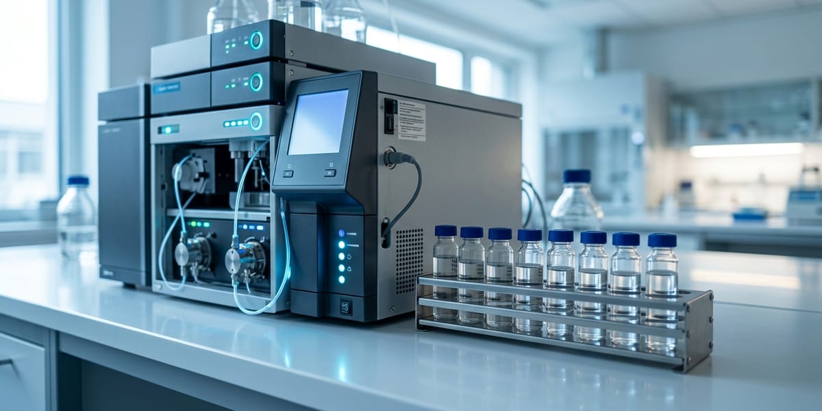 HPLC instrument and reagent vials in a clean analytical laboratory